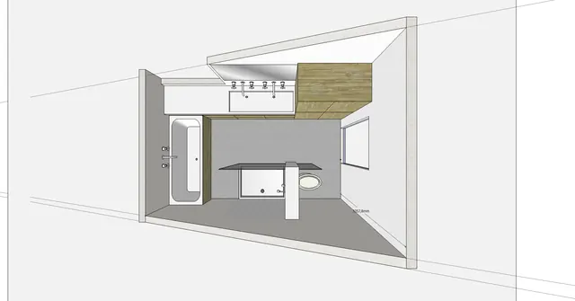 Badkamer jaren '70: Schetsontwerp voor de aanpassing en uitbreiding van een badkamer uit de jaren '70, als studie bij de aankoop van een woning