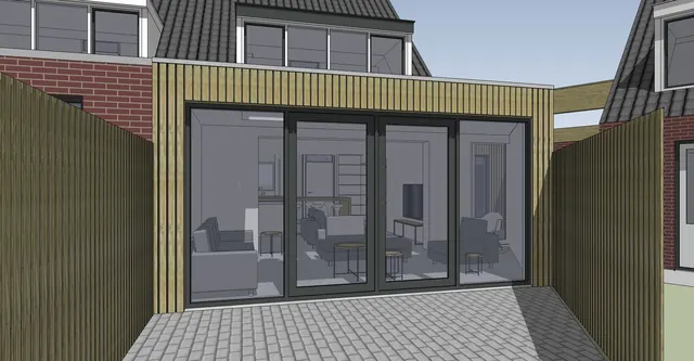 Riethovenerf, Tilburg: Uitbreiding van de woning met een uitbouw en een dakopbouw